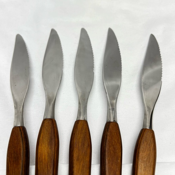 Set Of 5 Vintage Fleetwood Designs Stainless Steak Knives Teak Wood Handles - Picture 3 of 6